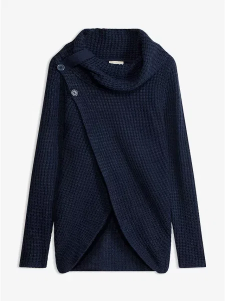 Sweter z grubej dzianiny z szalowym kołnierzem niebieski