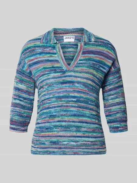 Sweter z dzianiny z dekoltem w serek i rękawami o dł. Jake*s Casual niebieski