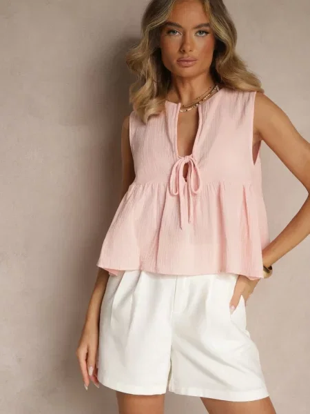 Bluzka Top z Bawełny Wiązana z Przodu z Falbanką Comila różowa
