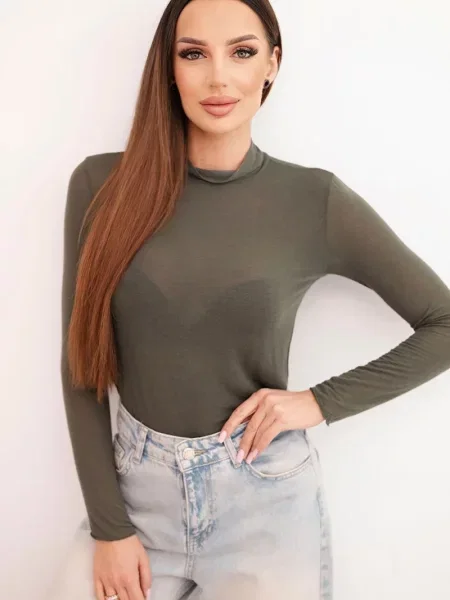 Dolgo bluza Kesi Włoski iz kašmirja z dolgimi rokavi kaki