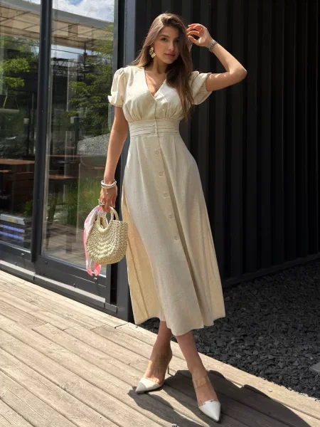 Сукня міді Jadone Fashion Eliya_bejev льон/бавовна бежевий