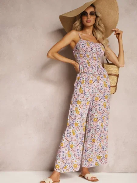 Komplet z Bawełny Marszczony Top na Ramiączkach Szerokie Spodnie z Gumką w Talii Elary różowy