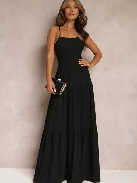 Rochie Maxi Cloș cu Volane și Fundă la Spate Karins neagră