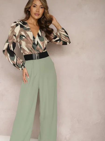 Zielono-Beżowy Kopertowy Kombinezon z i Szerokimi Spodniami Nittama beżowy