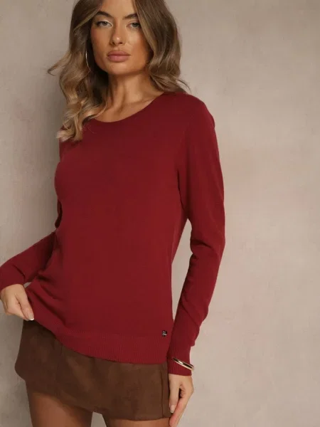 Bordowy Gładki Sweter w Minimalistycznym Stylu Tevra
