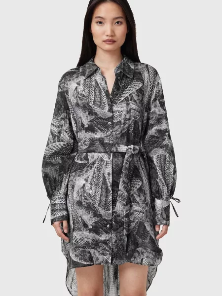 AllSaints rochie din amestec de matase LEYLA mini drept gri