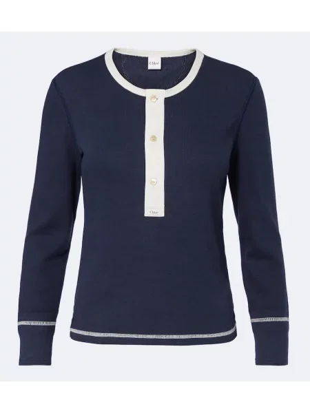 Cămașă Chloé tricotate cu guler henley albastru