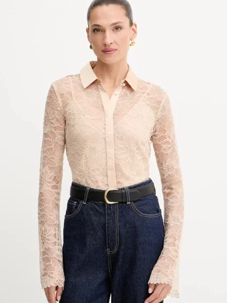 Риза Guess ANTOINETTE дамска със стандартна кройка с класическа яка бежово