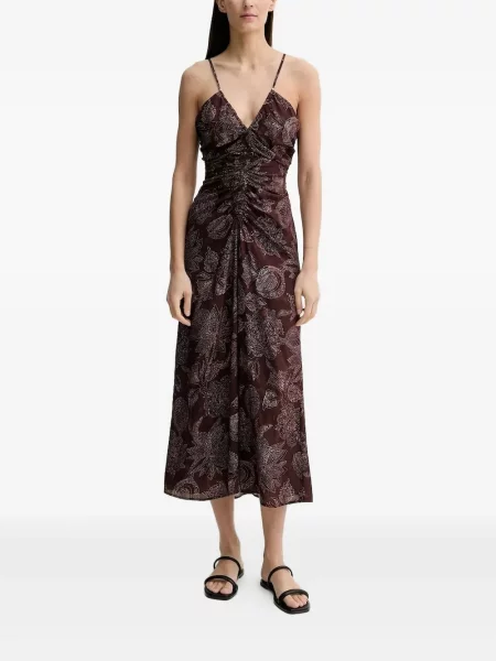 Sukienka midi Sessun w kwiatki z nadrukiem do kolan brązowa