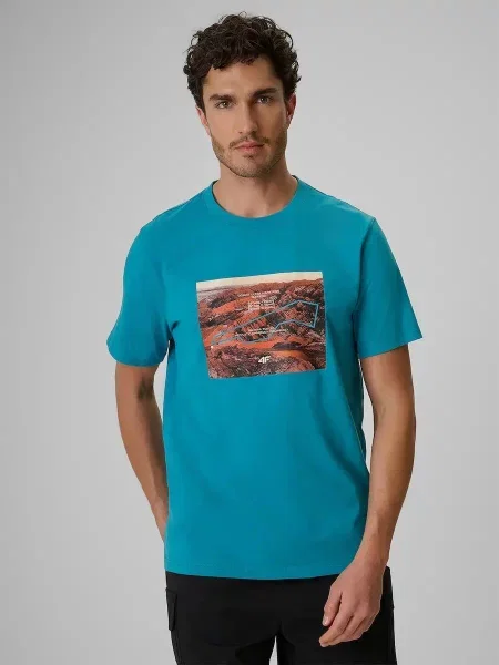 T-shirt regular z nadrukiem 4F niebieska