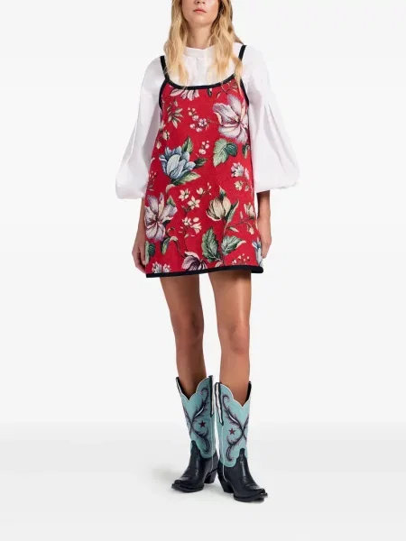 Rochie La Doublej cu model floral din jacard de costum roșu