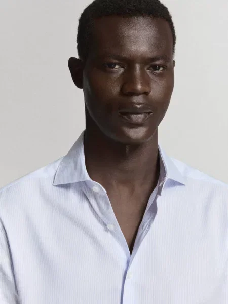 Koszula garniturowa slim fit w paski Mężczyzna L MANGO MAN błękitny