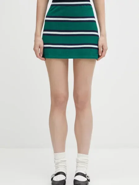 Sporty & Rich fustă din matase Serif Logo Silk Pique Aline mini evazați verde