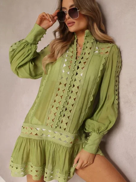 Koronkowa Tunika Pudełkowa z Falbaną Nawal zielona