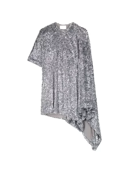 Rochie Coperni drapată de costum argintiu