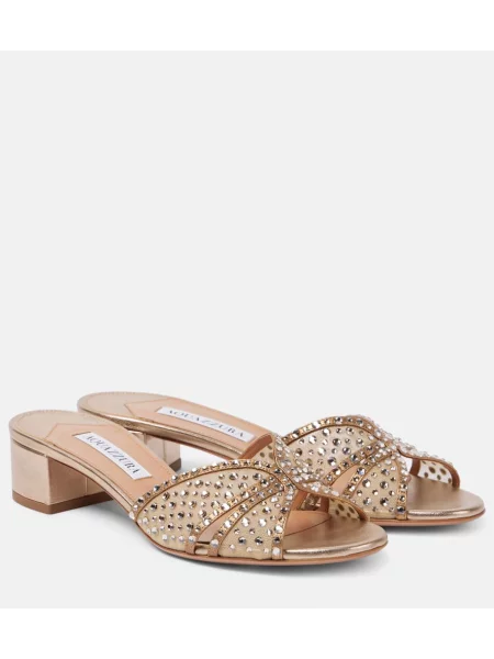 Papuci tip mules Aquazzura din tul de cristal bej