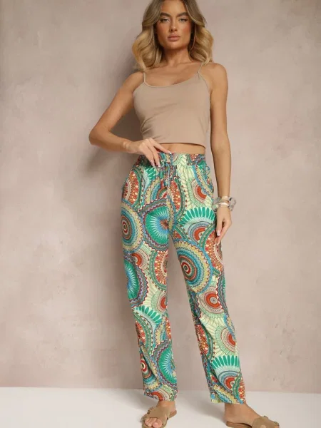 Szerokie Spodnie z Bawełny High Waist w Abstrakcyjny Wzór Jorivaess zielone