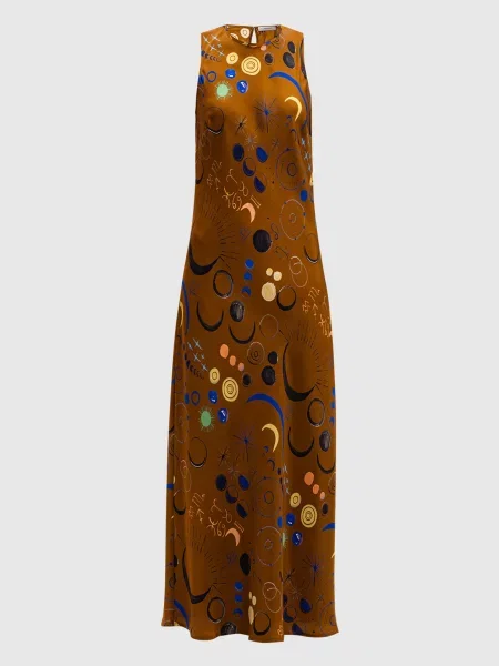 Сукня міді Valencia із шовку в принт Asceno коричнева