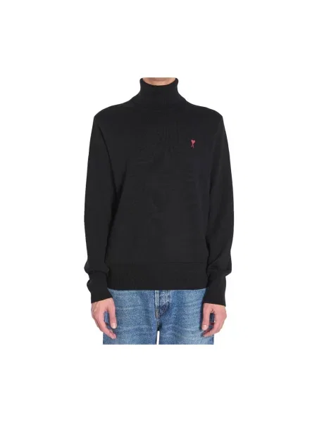 Lniany sweter z golfem Ami Paris czarny