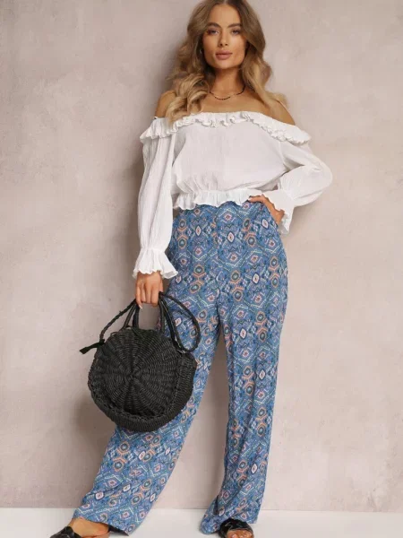 Spodnie w Abstrakcyjny Wzór z Wysokim Stanem i Gumką w Talii Lilliah granatowe