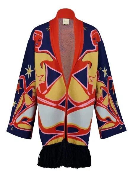 Cardigan Paula cu franjuri din jacard albastru