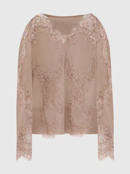 Джемпер з вовни мериноса з мереживом Ermanno Scervino коричневий