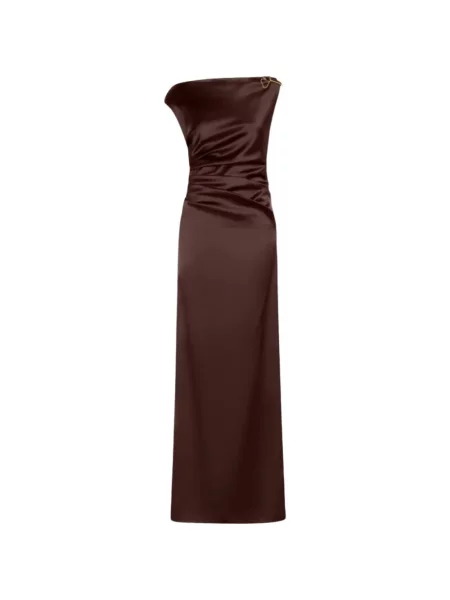 Rochie maxi Pianoforte din satin cu volane maro