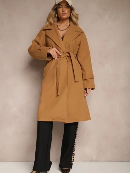 Închis Palton Lung Cu În Talie Din Cu Decorativi Pe Mâneci Thakore bej