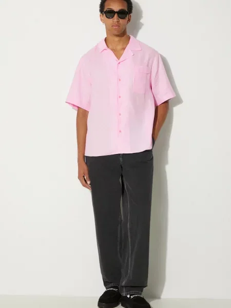 PANGAIA Πουκάμισο από λινό DNA Linen Camp Collar Shirt ροζ