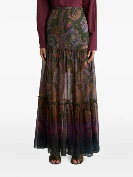 Selyem paisley mintás maxi szoknya Etro nyomtatás zöld