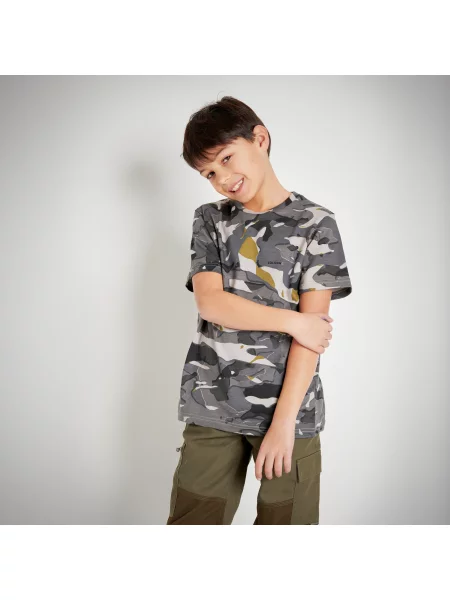 Koszulka dla dzieci Solognac camo woodland szara