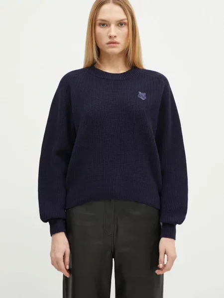 Maison Kitsuné pulover de lână Bold Fox Head Patch femei bleumarin