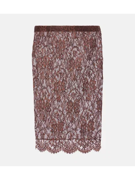 Fustă tip creion Saint Laurent cu model floral din dantelă maro