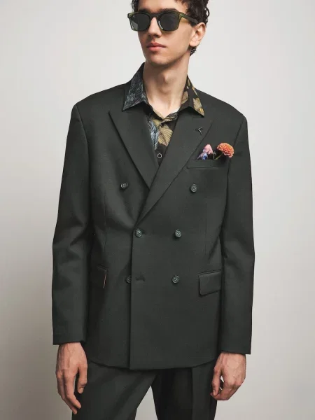 Medicine sacou cu două rânduri de pentru bărbați cu amestec de lână verde