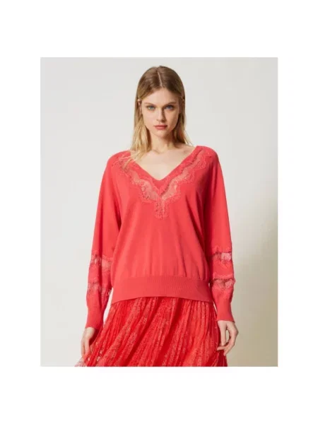 Sweter Twinset koronkowy czerwony