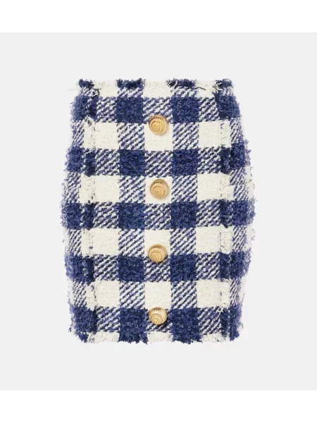 Fustă Balmain cu talie înaltă în carouri din tweed albastru