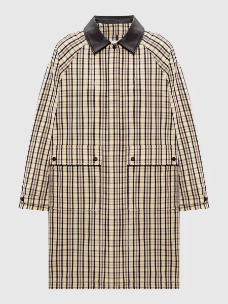 Куртка в клітинку зі шкіряним коміром Yves Salomon Army бежева