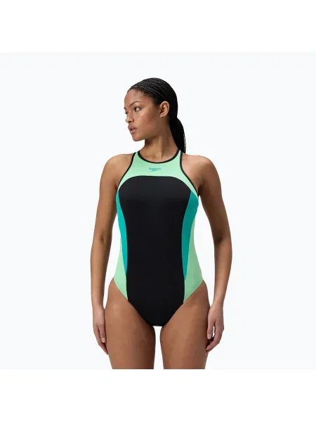 Costum de baie întreg pentru femei Speedo High Neck Splice Cross Back turquoise gem