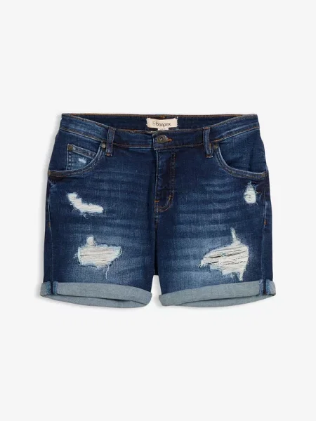 Szorty jeansowe mid waist z ozdobnymi przetarciami niebieskie