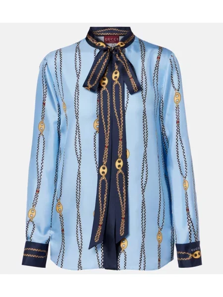 Jedwabna koszula Gucci z nadrukiem niebieska