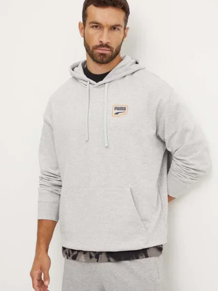 Суичър с качулка Puma с качулка с принт сиво