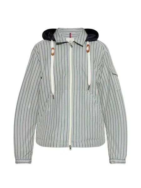 Geacă Moncler cu dungi cu glugă albastru