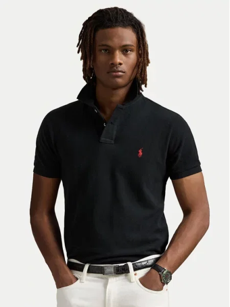 Dzianinowa koszulka polo Polo Ralph Lauren z krótkim rękawem z siateczki czarna