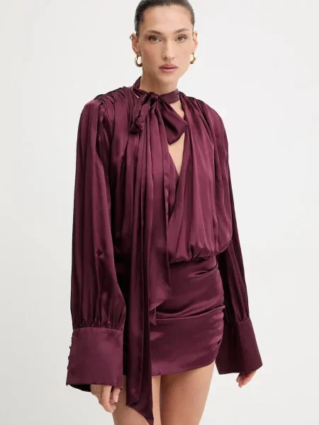 Rotate rochie de mătase mini drept bordo