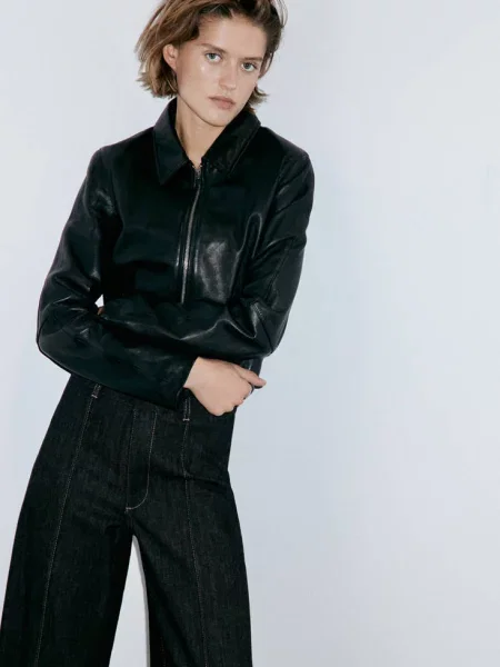 Jeansy wide leg z wysokim stanem i przeszyciami Kobieta 38 MANGO czarny