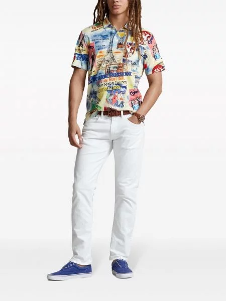 Ilgas raštuota polo marškinėliai Polo Ralph Lauren grįžtamasis mėlyna