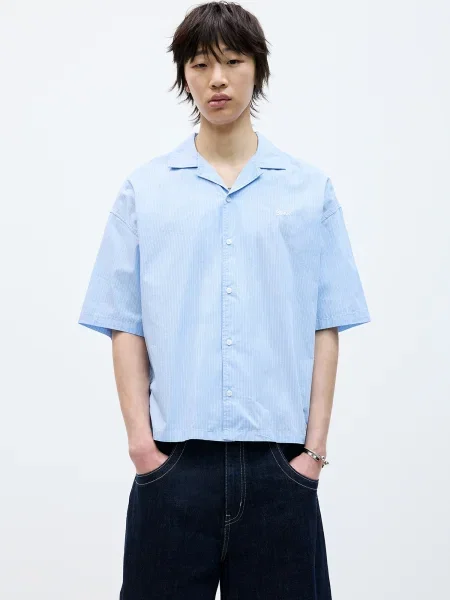 Pull&Bear Cămașă albastru deschis / gri metalic alb