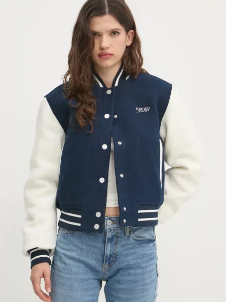Tommy Jeans jachetă bomber din amestec de lână bleumarin de tranziție