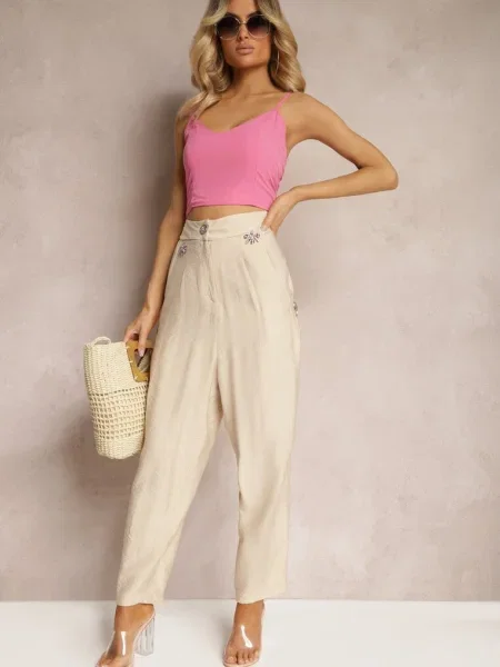 Spodnie Typu High Waist Ozdobione Cyrkoniami Sajara beżowe