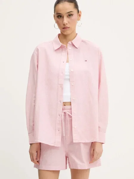 Srajca s primesjo lanu Tommy Jeans roza